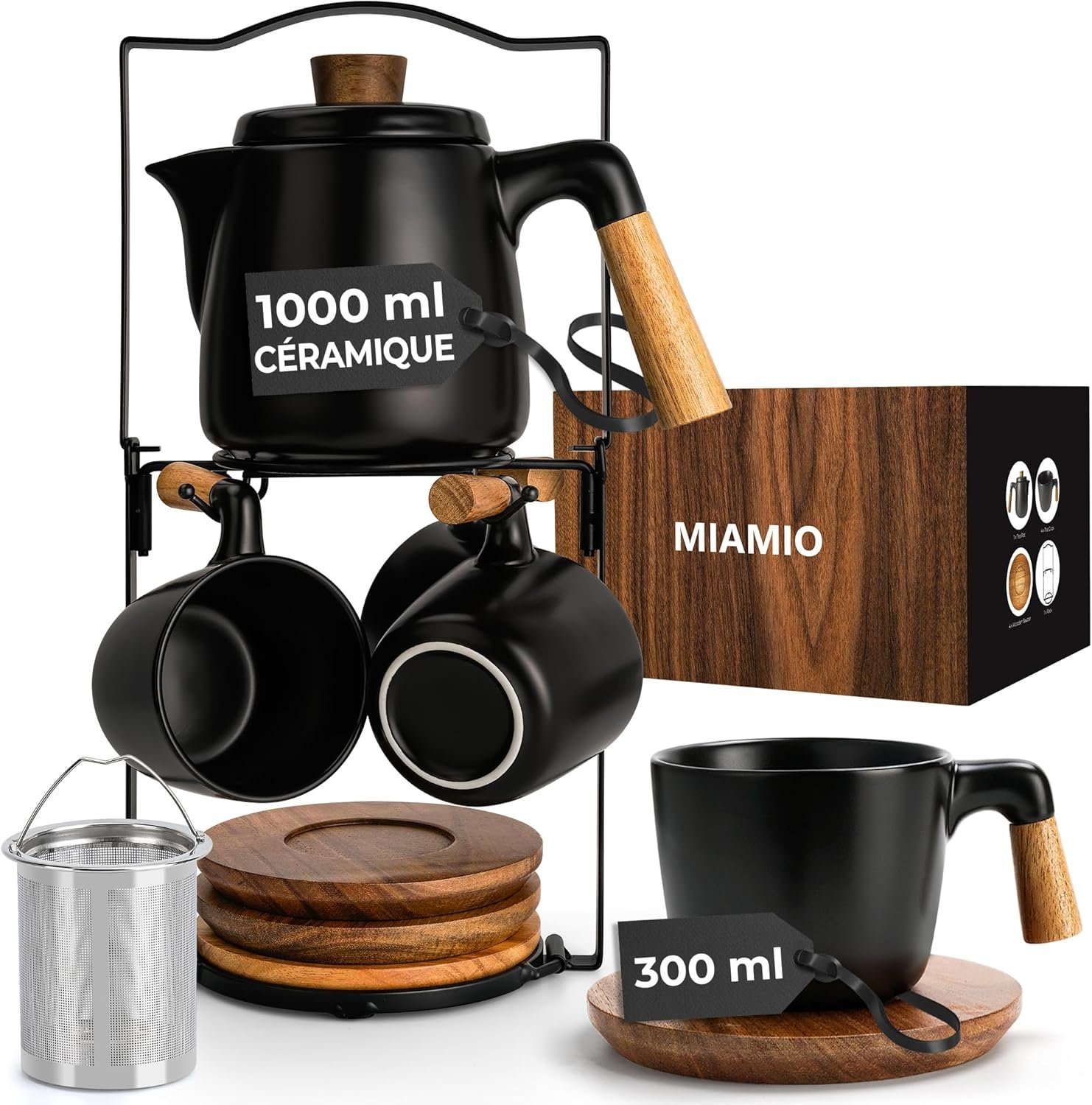 Théière en céramique de 1000 ml avec infuseur et tasses/passoire à thé, support, 4 tasses à thé en céramique (300 ml), soucoupes en bambou/poignée pour la maison et le bureau
