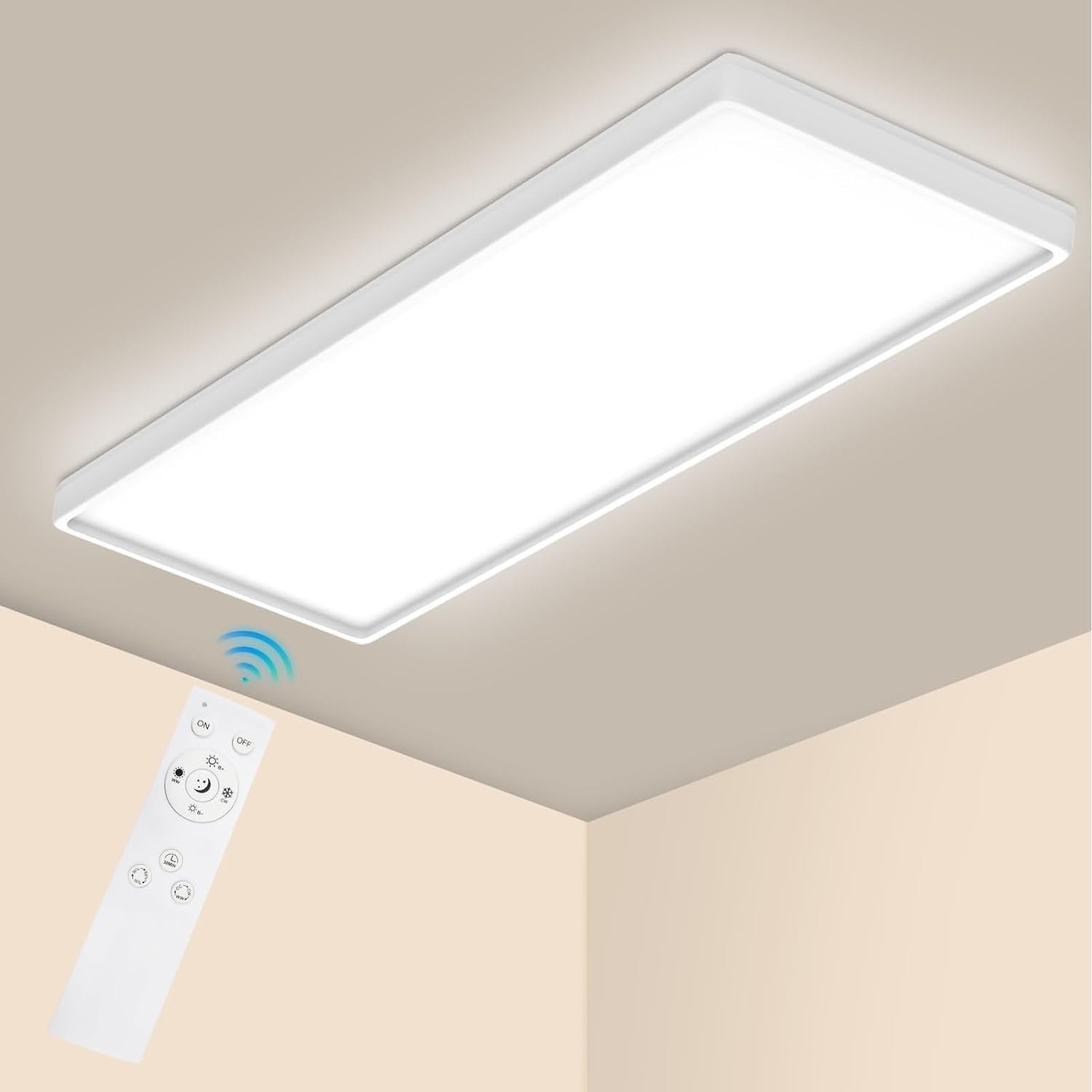 Plafonnier LED Dimmable 58x20 cm 21W RGB avec Télécommande Sans Fil - 24W 4000K pour Salle de Séjour, Chambre, Salle de Jeux