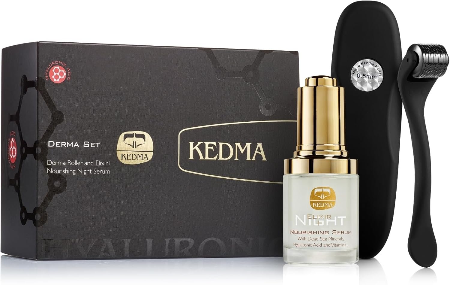Set Dermaroller et Sérum Hydratant de Nuit - Stimulation Collagène et Éclat - Avec Acide Hyaluronique et Vitamine C - 1 Set