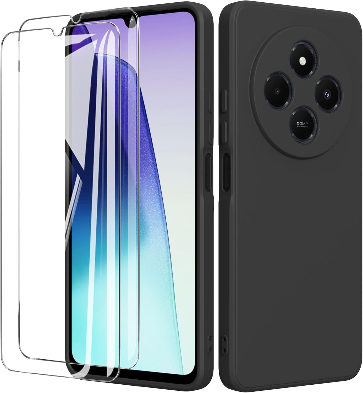 Coque pour Xiaomi Redmi 14C 4G / Redmi A4 5G (6.88") avec 2 Verre Trempé Protection écran, Housse Liquide Souple(Noir)