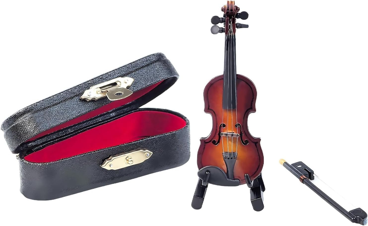 Violon miniature en bois avec support, mini archet et étui instrument de musique de maison poupée miniature, mini modèle de violon pour décoration de maison bureau anniversaire Noël (8 x 3 x 1,5 cm)