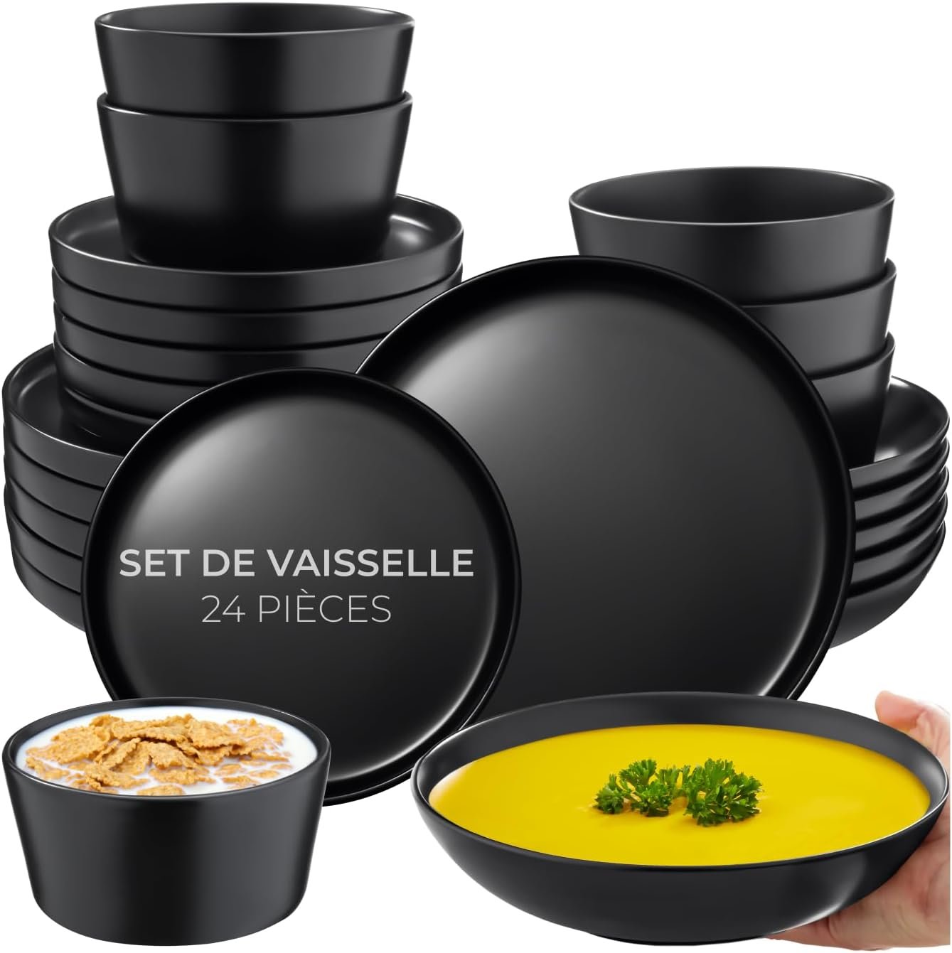 Service de table 6 personnes Service vaisselle et arts de la table 24p. avec 6x Assiettes creuses 6x assiettes plates 6x assiette à dessert 6x bols petit déjeuner Coupelle soupe Lot assiette
