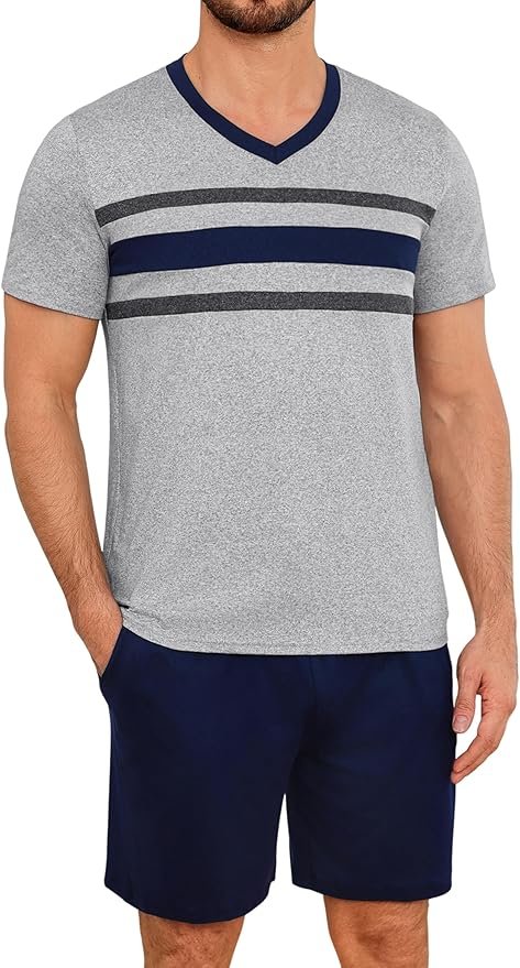 Court Homme Coton Été Vêtements de Nuit Deux Pièces T-Shirt à Manches Courtes Et Col en V Et Short