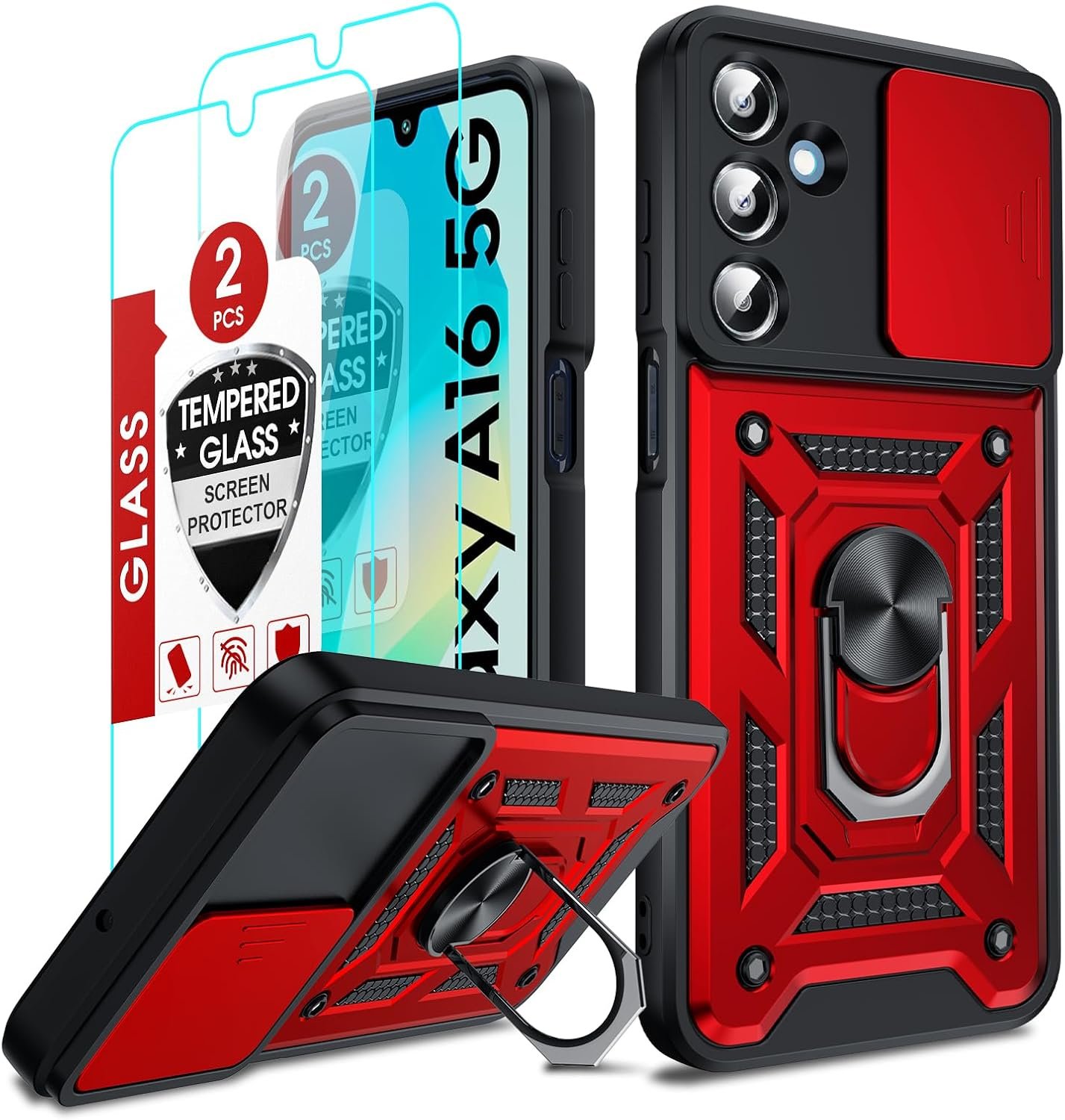 LeYi Coque pour Samsung Galaxy A16/A 16 5G/4G Antichoc avec 2*Verre Trempé+Full Protection Caméra Coulissante(Rouge)