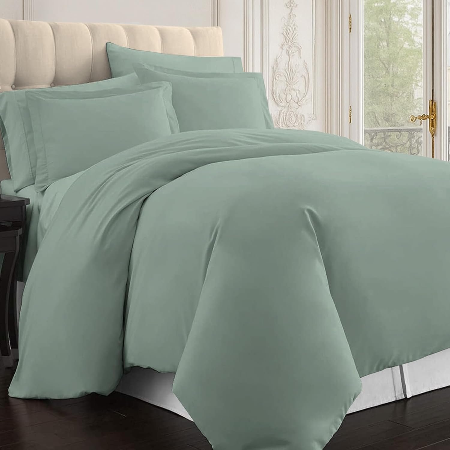 Coton Ensemble de Housses de Couette 260x220 cm 2 Personnes Sauge, 1000 Fils au Pouce carré, 100% Coton longuement agrafé Housse de Couette avec Fermeture à Bouton caché