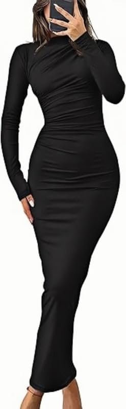 Robe Longue Moulante Sexy à Col Rond pour Femme Bodycon Maxi Slim Fit Élégante pour Soirée Cocktail Party Fête Club Disco Nuit Bal Casual