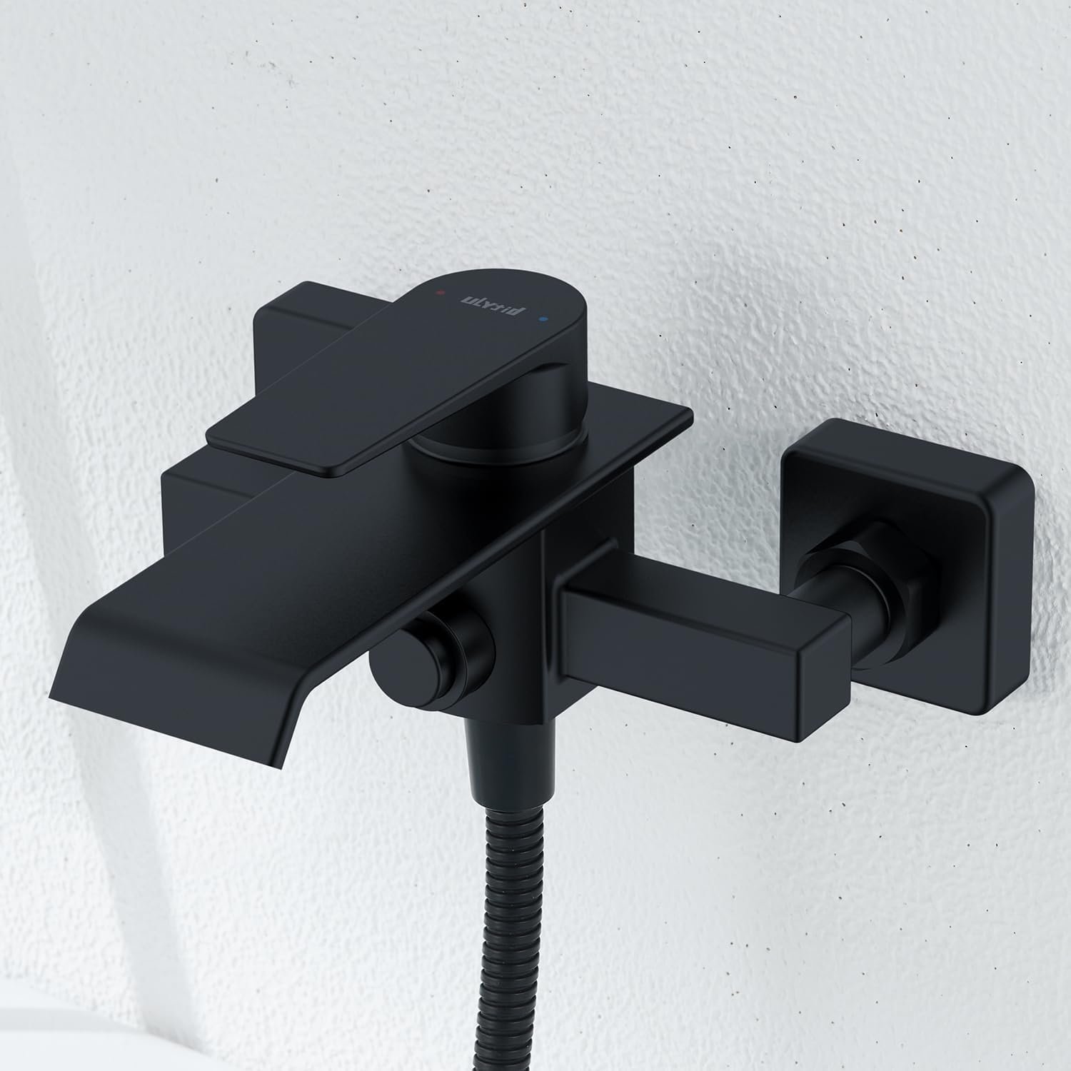 Robinet Baignoire Noir, Mitigeur Baignoire Cascade en Laiton, Mitigeur Monocommande Montage Mural pour Douche avec 2 Sorties, Robinet de Bain Apparent, Raccord Fileté