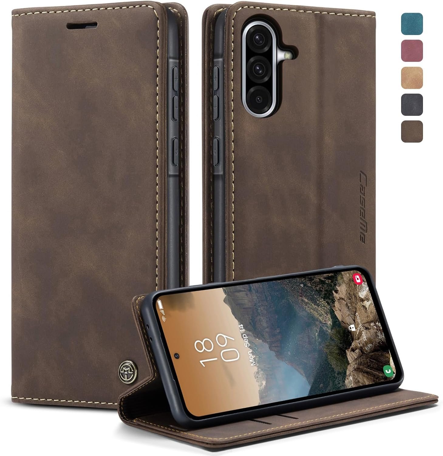 Coque Samsung Galaxy A56 5G, Housse Antichoc en Cuir PU Premium Fentes Cartes Etui Pochette de Portefeuille Café