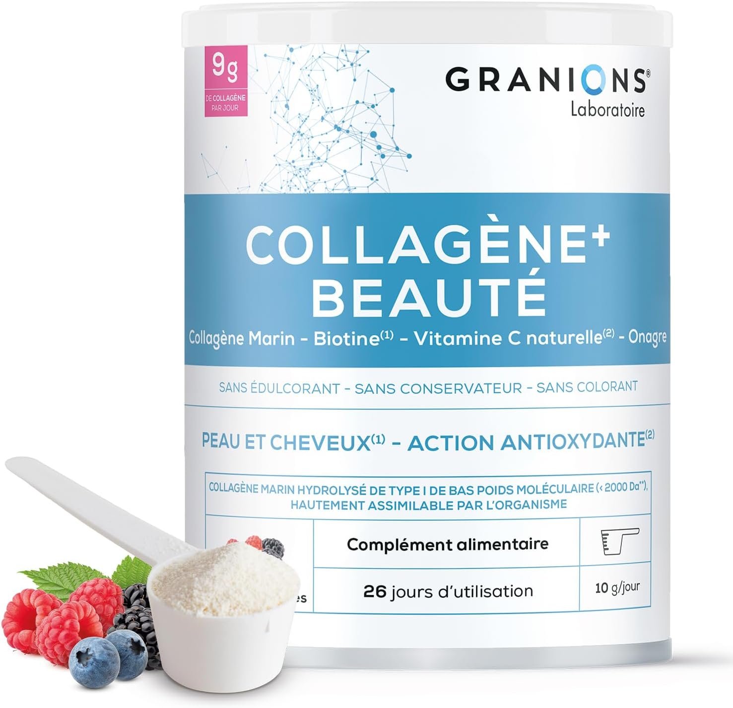 COLLAGENE MARIN + BEAUTE - Collagene et Acide Hyaluronique, Biotine Cheveux, Vitamine C - Beauté Peau - Complement Alimentaire Cheveux -Haute assimilation, Collagene Fruits Rouges Poudre 260g