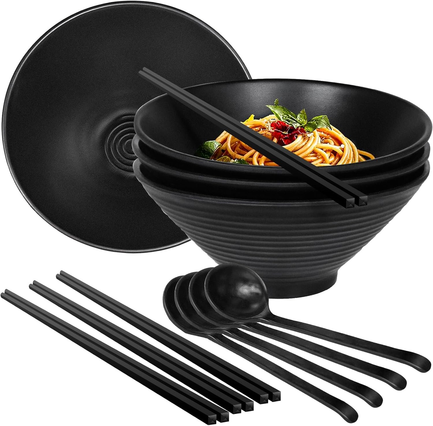 Ensemble de 4 Grands Bols à Ramen (1600 ml) avec 4 Bagettes & Cuillères - Noir - Sans BPA, Incassables, Empilables et Lavables au Lave-Vaisselle