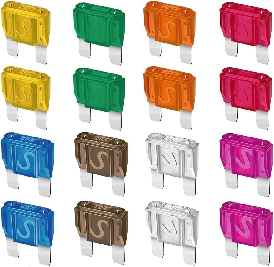 Lot de 16 fusibles à Lame Maxi APX de Rechange 20 A, 30 A, 40A, 50A, 60A, 70A, 80A, 100A pour Voitures, Camions