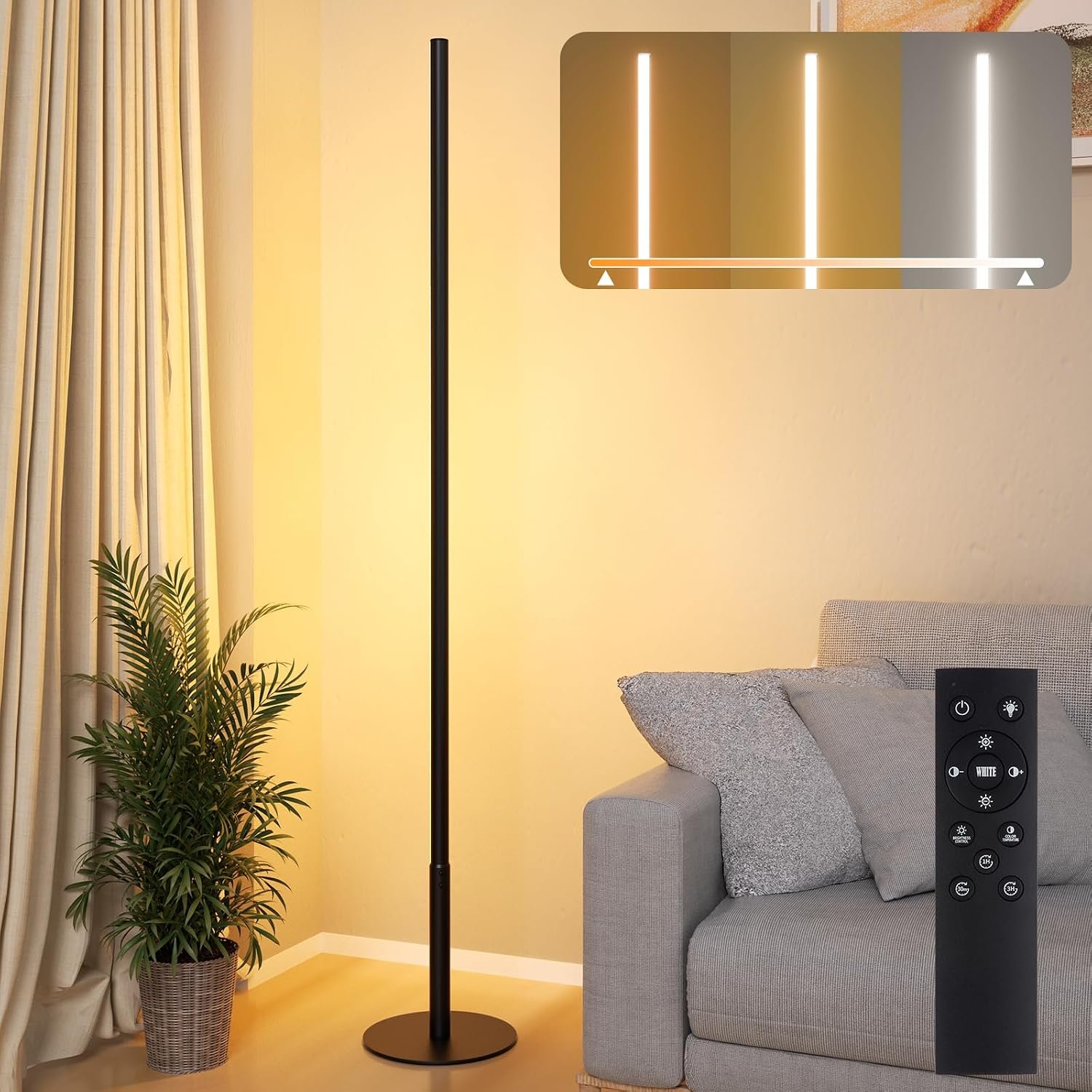 Lampadaire sur Pied Salon LED, Dimmable avec Télécommande, Noir, 147 cm