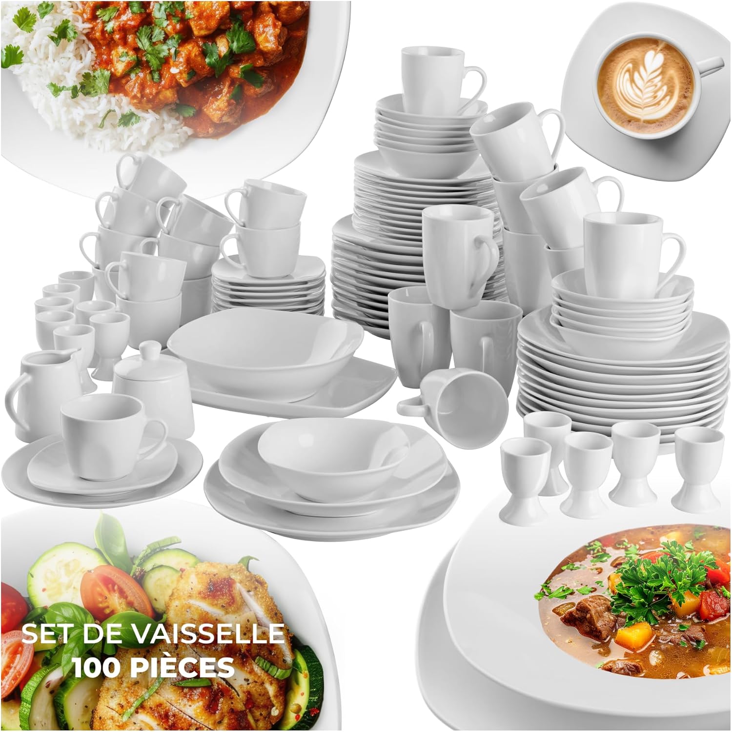 Service de table 12 personnes Vaisselle et arts de la table 100p. avec Assiettes creuses assiettes plates assiette à dessert coquetiers bols tasses saladier Coupelle soupe Lot assiette