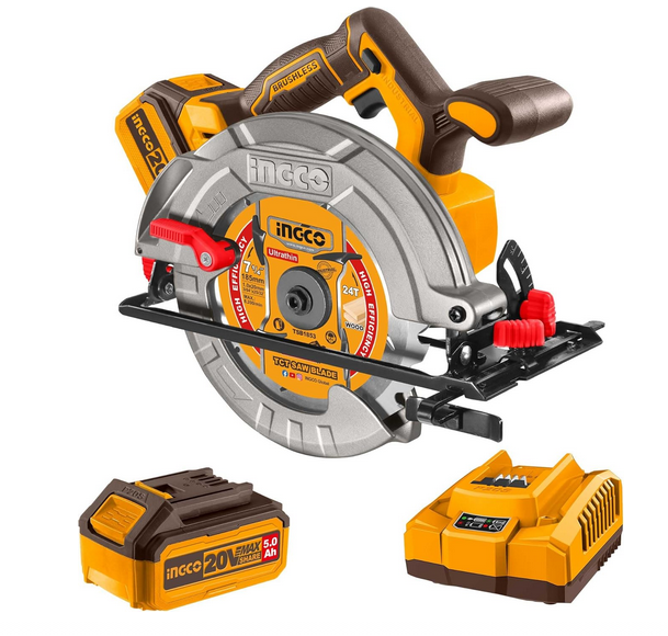 INGCO Scie B0DWS9MJLB Circulaire Sans Fil 20V Moteur Sans Balais, Diamètre 185 mm, 4800 tr/min