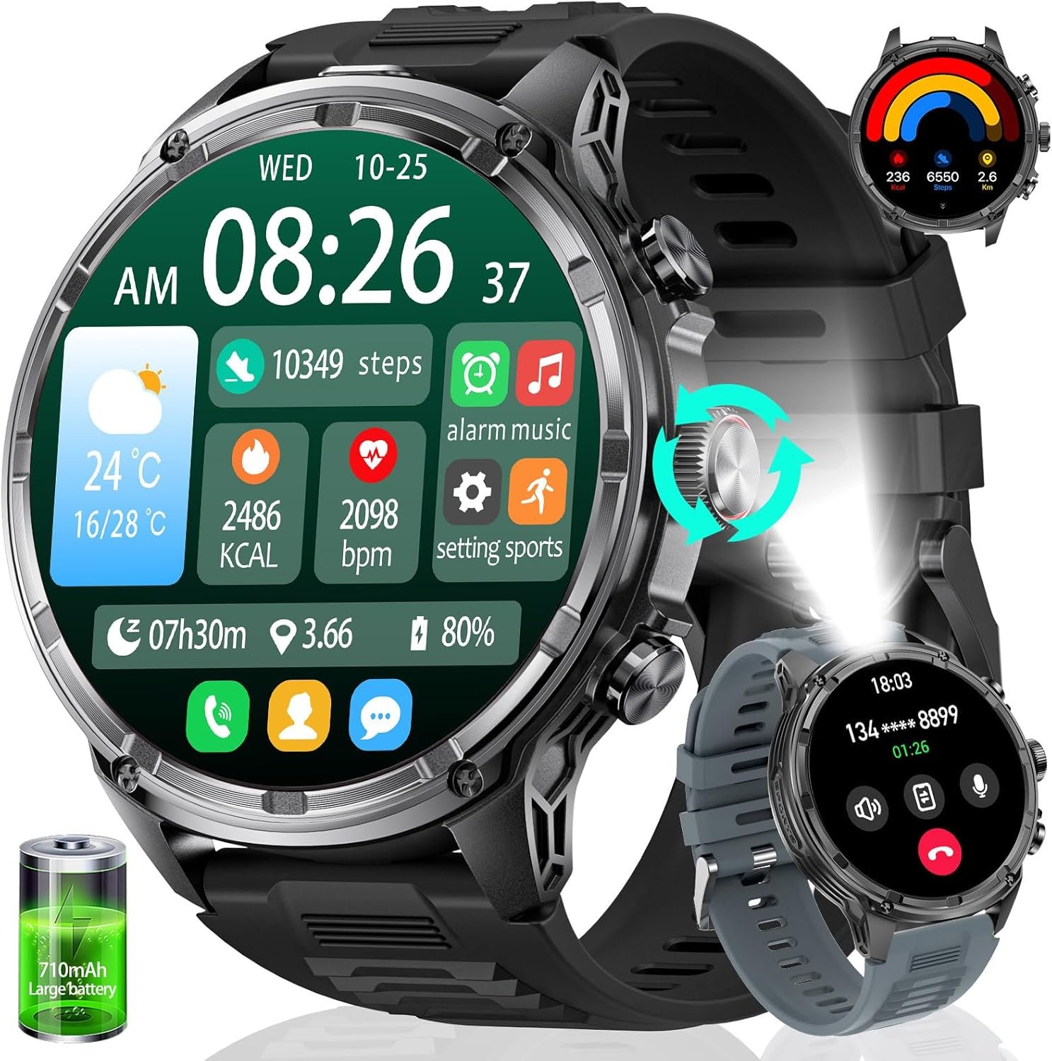 Connectée Homme, Smartwatch Homme LED Lampe 1,85