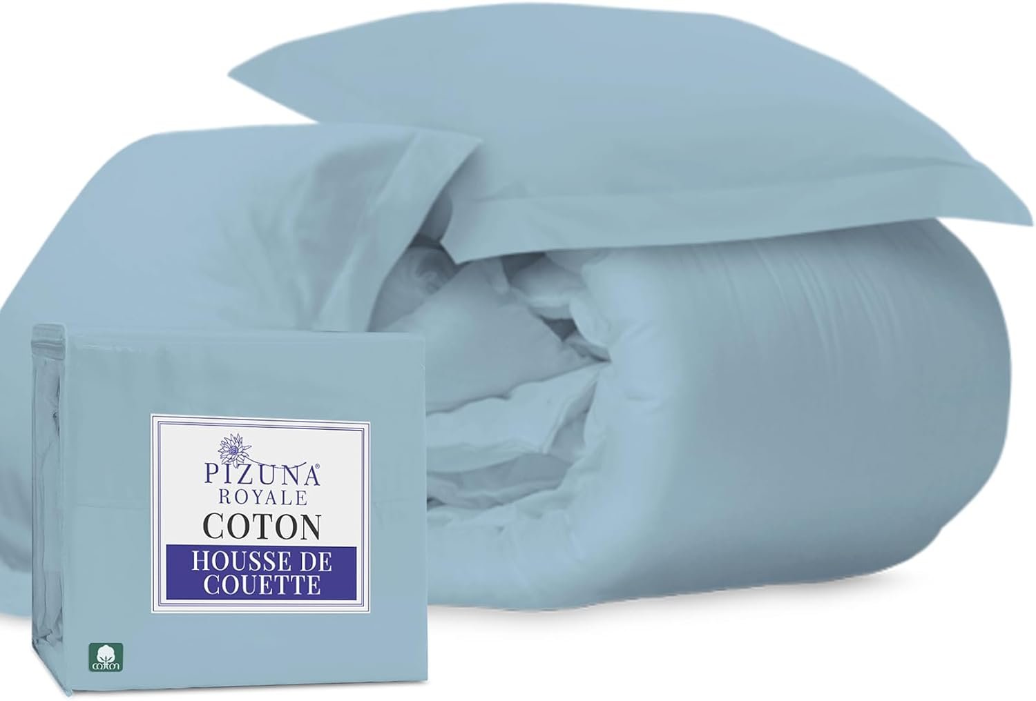 Coton Ensemble de Housses de Couette 260x240 cm 2 Personnes Bleu bébé, 1000 Fils au Pouce carré, 100% Coton longuement agrafé Housse de Couette avec Fermeture à Bouton caché
