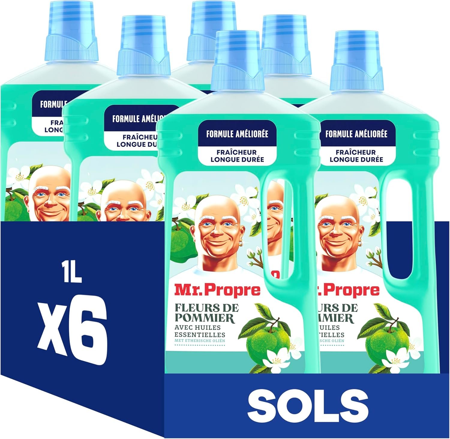 Nettoyant Liquide Sol Multi-Usages, Grand Format (1L x6), Parfum Fleurs de Pommier, Élimine Jusqu'à 99.9% Graisse et Saleté, Sans Traces