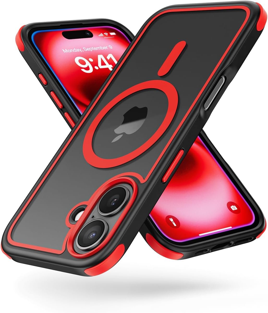 MobNano Coque Magnétique pour iPhone 16, Compatible avec MagSafe, Hybrid Coque pour iPhone 16 avec Color Noir/Rouge