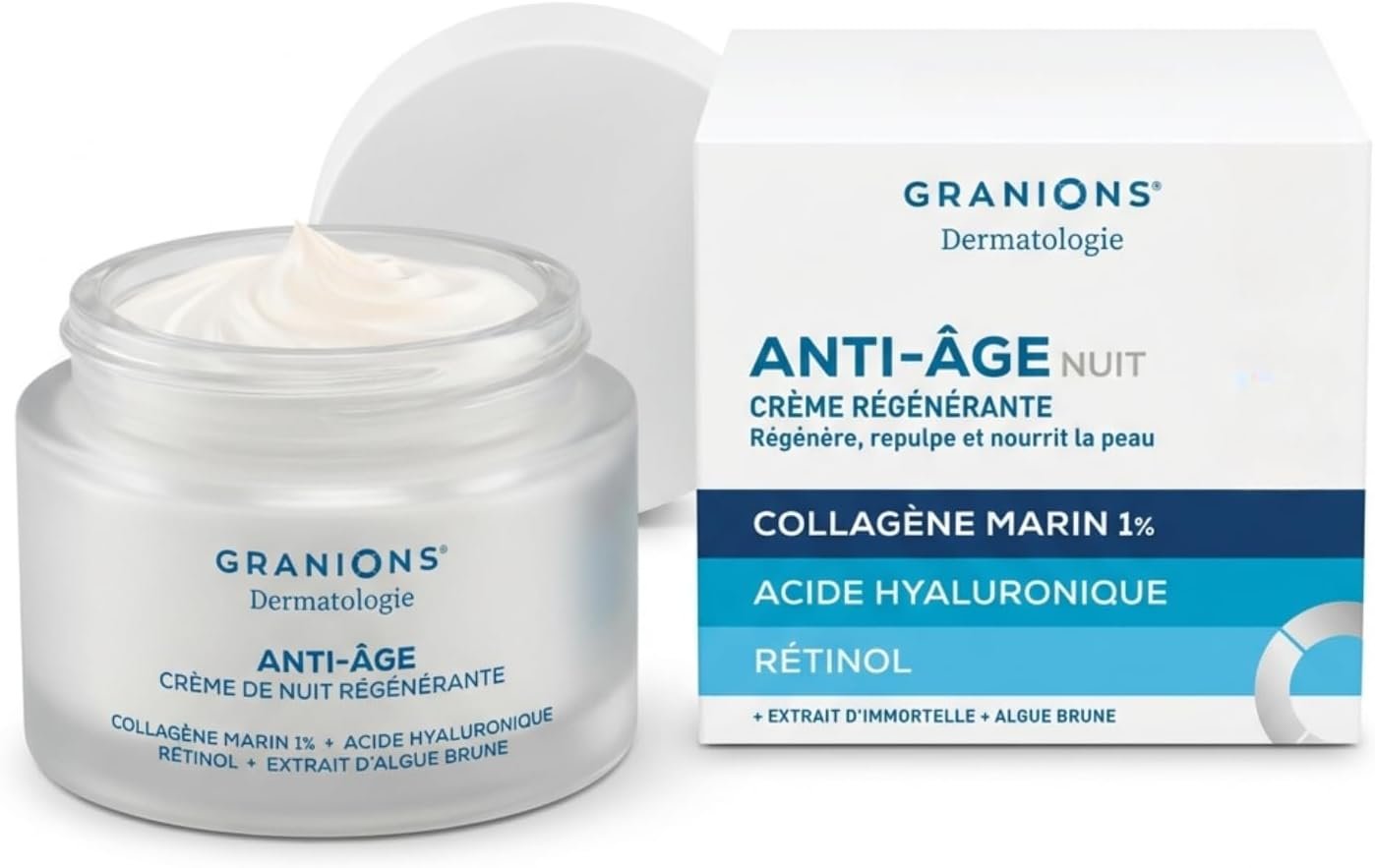 Creme de Nuit Visage Anti Âge - Masque de NUIT - RÉGÉNÉRANTE - Creme Hydratante Visage Action Anti Ride - Collagene Marin, Acide Hyaluronique, Retinol - Femme - GRANIONS - 50 ml