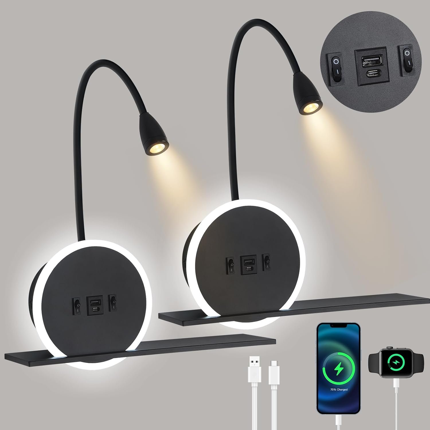 LED Liseuse de chevet 2 pièces, lampe murale avec interrupteur,Lampe de Lecture avec port de charge USB + Type C