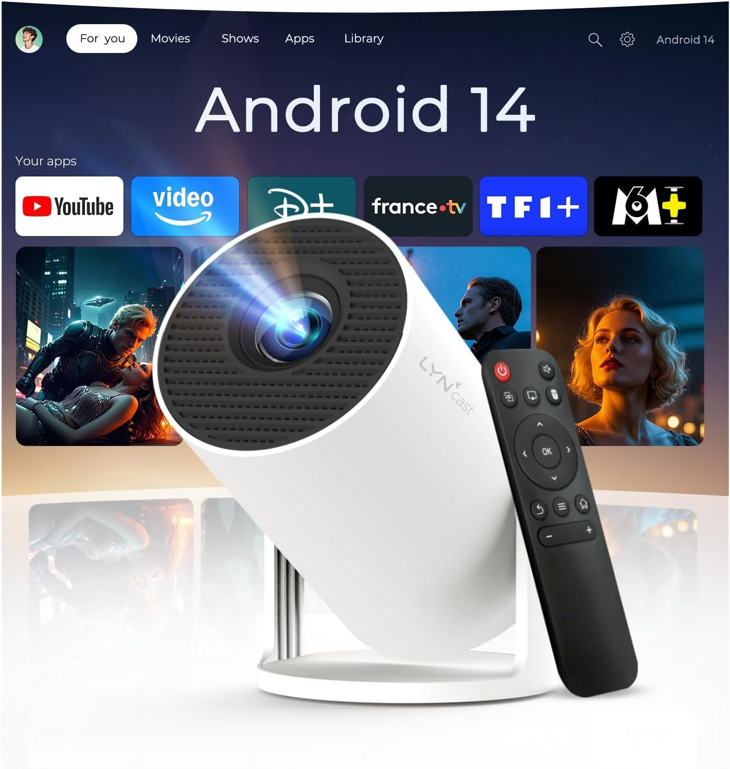 Vidéoprojecteur Compatible 4K Android 14 Mini Video Projecteur Contrôle App