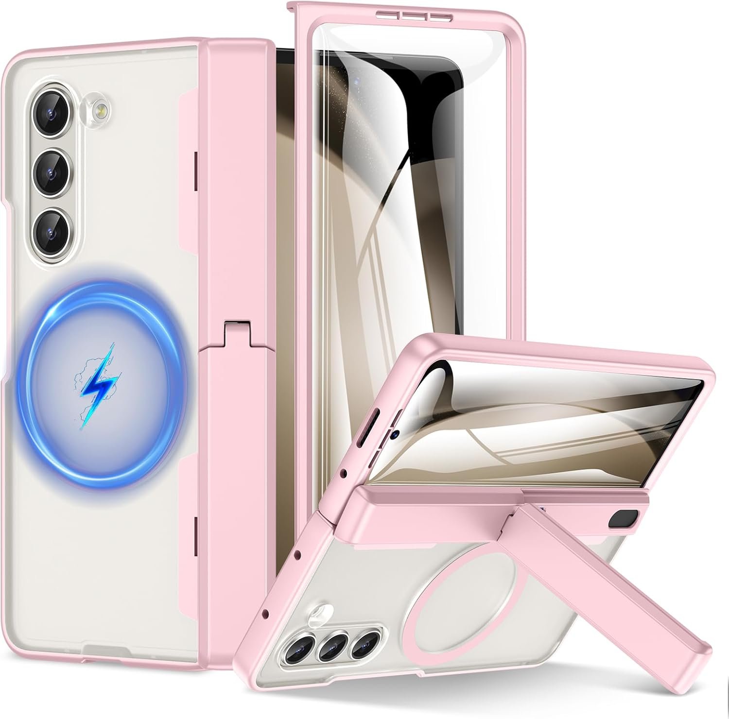 Coque for Samsung Galaxy Z Fold 5 avec Kickstand & Front Screen Protector Charge Magnétique Protection & Charnière Magnétique (Rose)