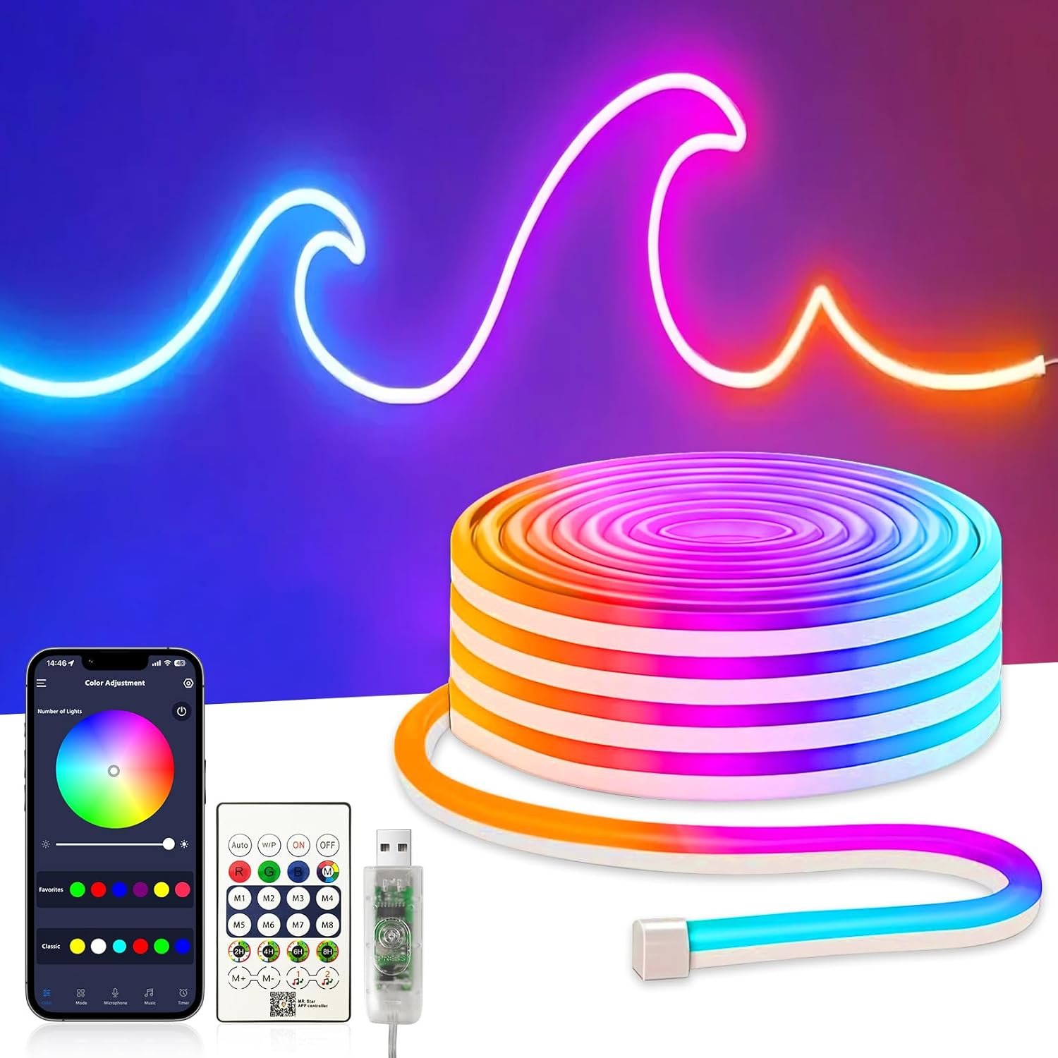 Neon Rubans LED 5M, Bandes LED RGBIC, Contrôle Intelligent par App, Flexible Étanche Découpable