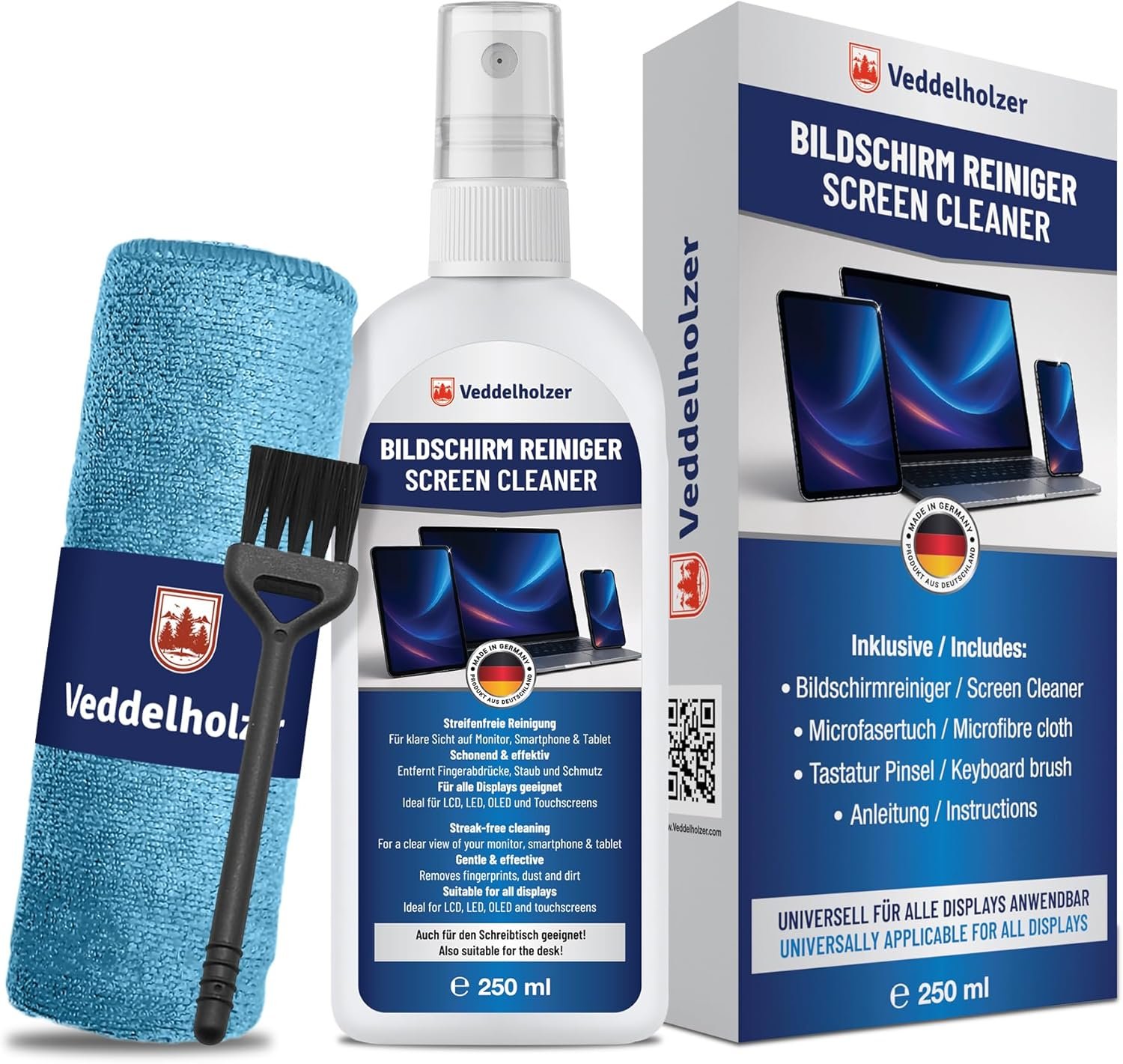 Kit de Nettoyage pour écrans Veddelholzer 250 ML avec Chiffon en Microfibre et Pinceau pour Clavier pour Ordinateurs Portables, écrans, téléviseurs