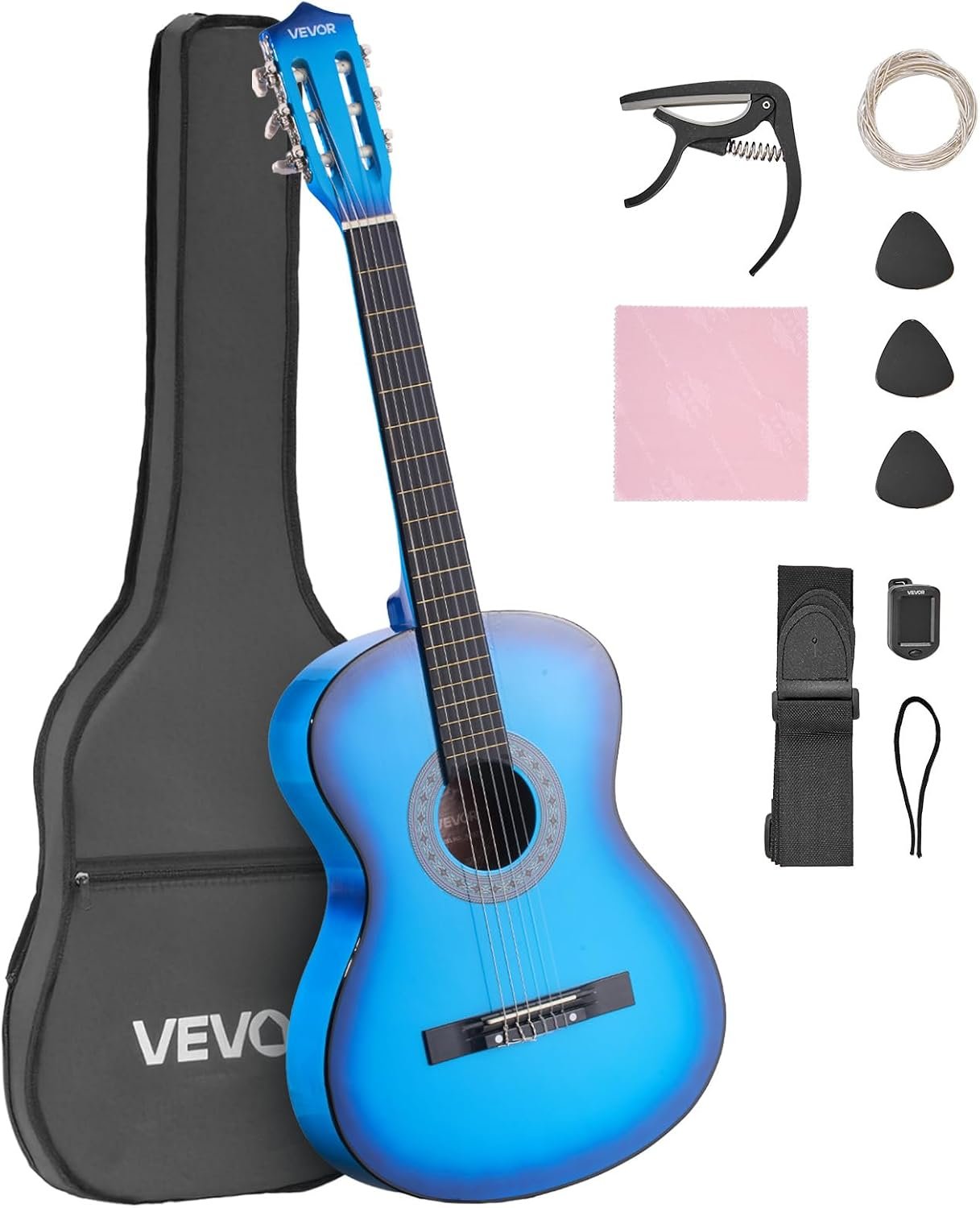 Guitare Classique Débutants, 96 cm, avec Cordes Nylon, Housse de Transport, Sangle, Accordeur, Cordes Supplémentaires, Médiators, Capodastre