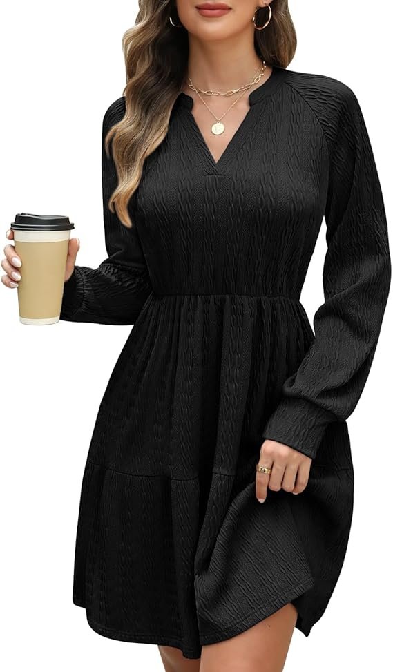 CMTOP Robe Femme Chic et Elegant Robe Manches Longues Décontractée Col en V Robes Automne Hiver Taille Haute Ligne A Robe Mini Longue Dress avec Poches