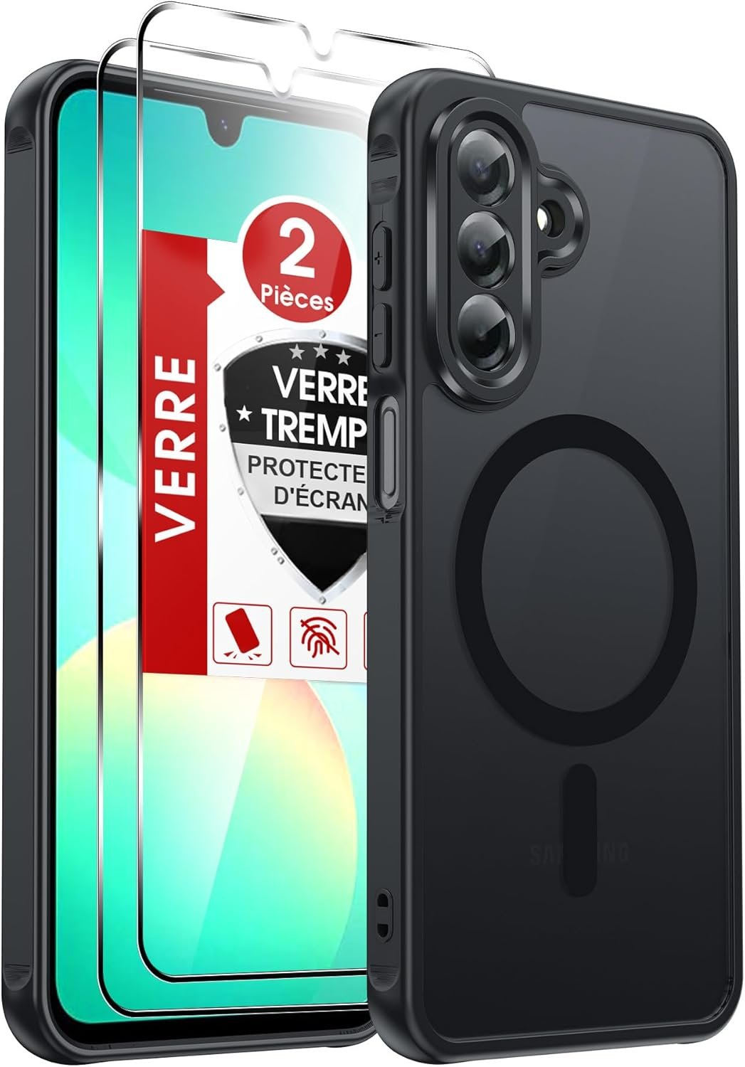 LeYi Coque Magnétique pour Samsung Galaxy A26 / A 26 5G, avec 2 Verre Trempé, Étui Housse Antichoc Bumper TPU Dos Noir