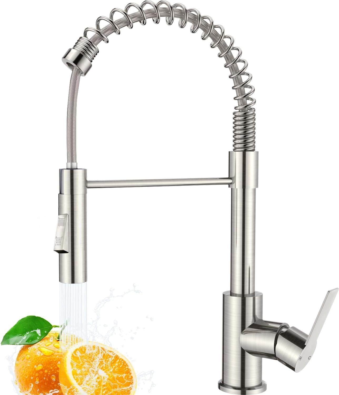 Robinet Cuisine, Mitigeur Cuisine avec Douchette Extractible et 2 Modes de Pulvérisation, Robinet Evier à Arc Élevé Pivotant à 360°, Monocommande, Acier Inoxydable Brossé