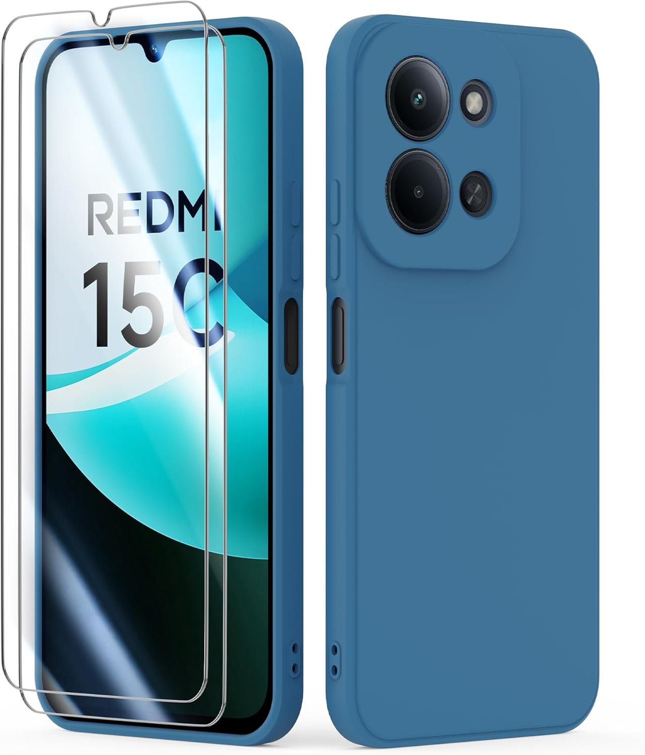 Coque pour Xiaomi Redmi 15C 4G / 5G (6.9") avec 2 Verre Trempé Protection écran, Housse Liquide Souple (Bleu)