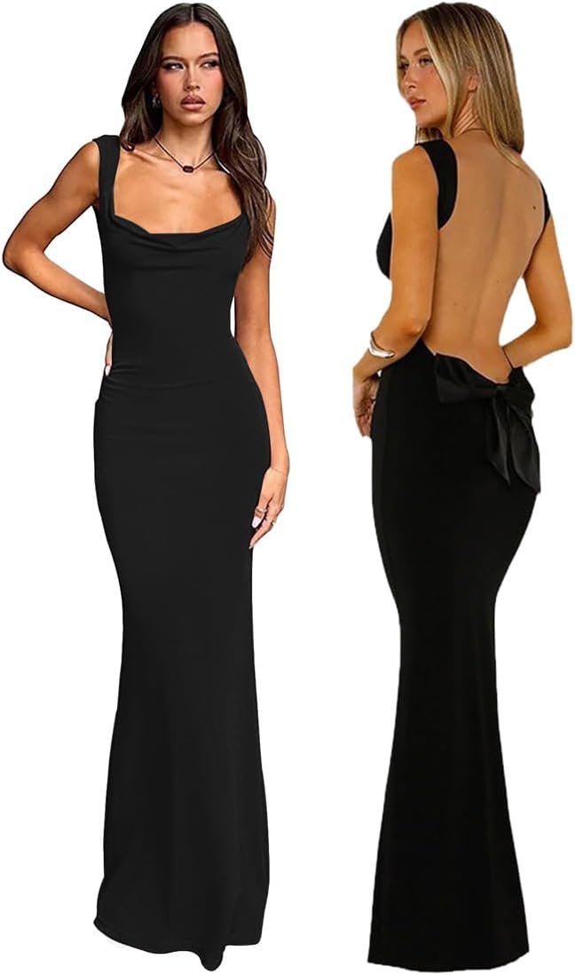 Robe Femme Longue Sexy Dos Nu Maxi Robes sans Manches Elégant Robes Moulante Col en Carrée Bodycon avec Nœud Papillon d'Été Robe de Soirée Cocktail Club Party Cérémonie