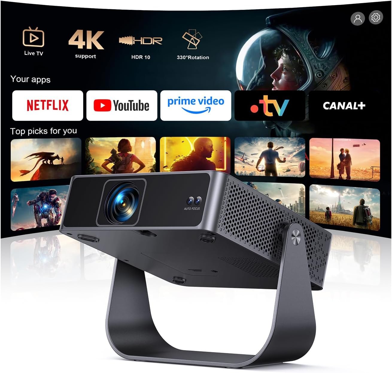 Mini Vidéoprojecteur 4K【Apps Officielles/Live TV/Rotation 330°】 Auto Focus/Keystone Projecteur Vidéo Portable 4K Courte Focale, HDR10, Mini Rétroprojecteur 1080P WiFi6 Bluetooth Home Cinéma