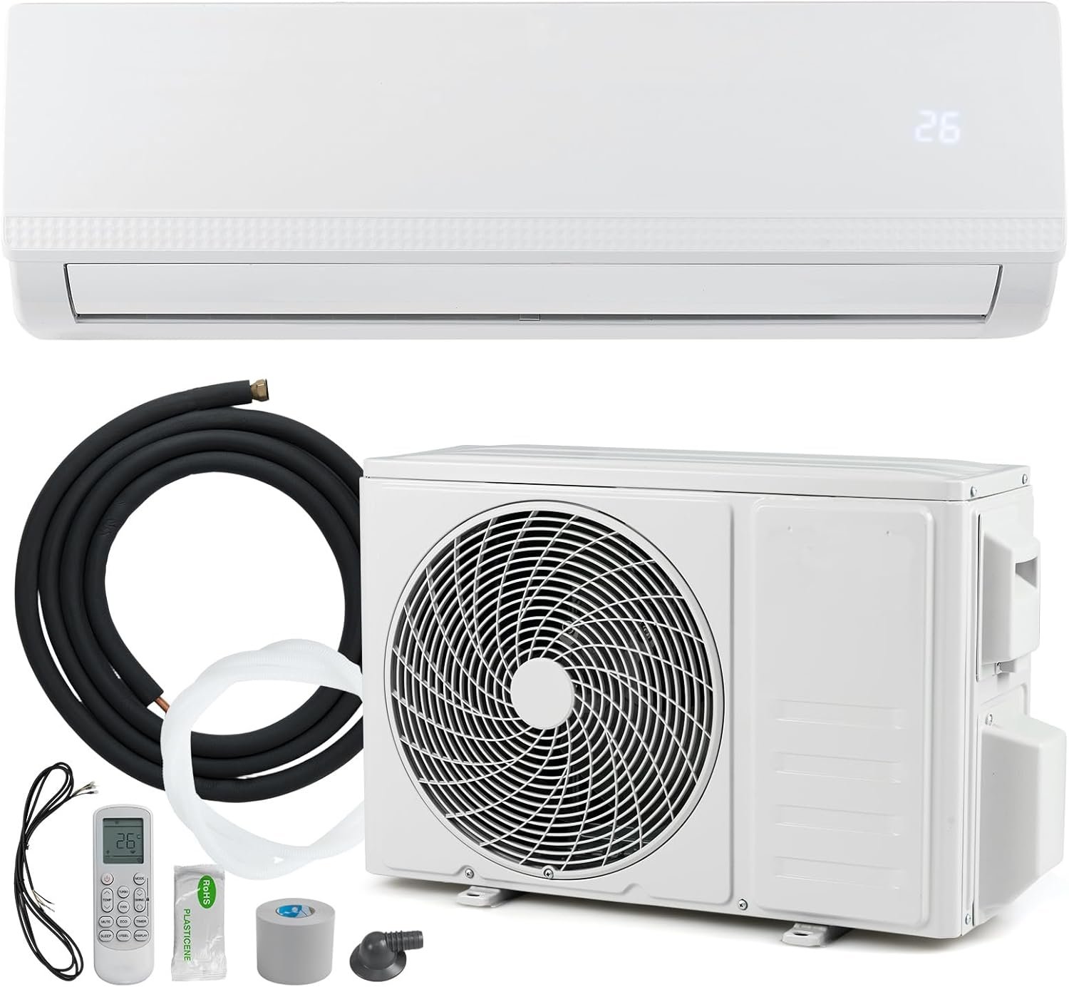 Climatiseur Reversible 9000 BTU 2,6 KW avec Fonction Chauffage et Refroidissement, Classe A++/A+ R32, Climatiseur Split Mural Silencieux 7 Mode, 8 Vitesse avec Pompe à Chaleur