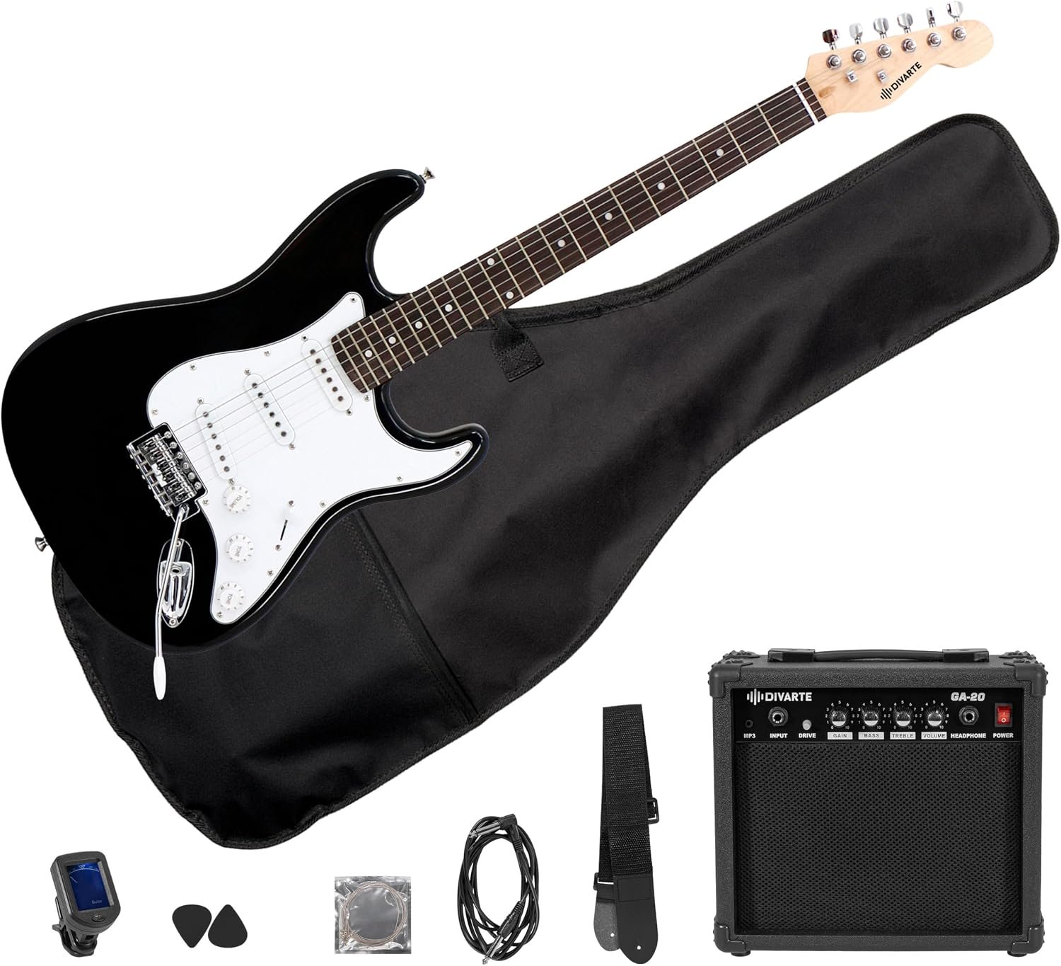 Pack Guitare Électrique ST 4/4 Black + Ampli guitare GA-20 20W, Housse, Sangle, Accordeur, Médiators, Câble, Cordes – Kit Débutant Adulte et Adolescent Rock, Pop, Blues