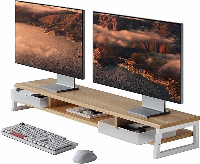 Fenge Support de Dual Moniteurs avec 2 PC Tiroirs,108cm,Chêne foncé | Réhausseur d'Écran d'Ordinateur PC Bureau, Organisateur de Bureau,support ecran pc,108x25.5x13.8cm,Charge de 45kg
