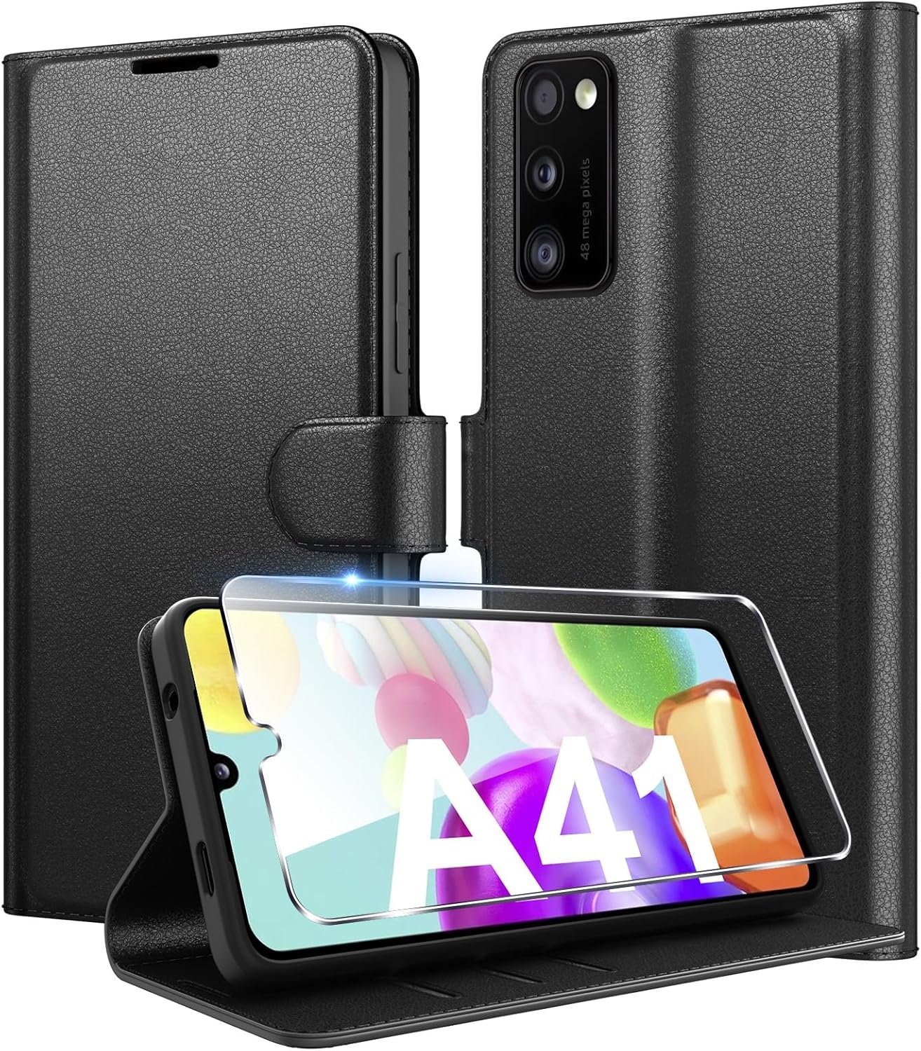 Coque pour Samsung Galaxy A41 en Premium Cuir PU, Portefeuille Housse Etui pour Cartes Protection Anti-Choc(Noir)