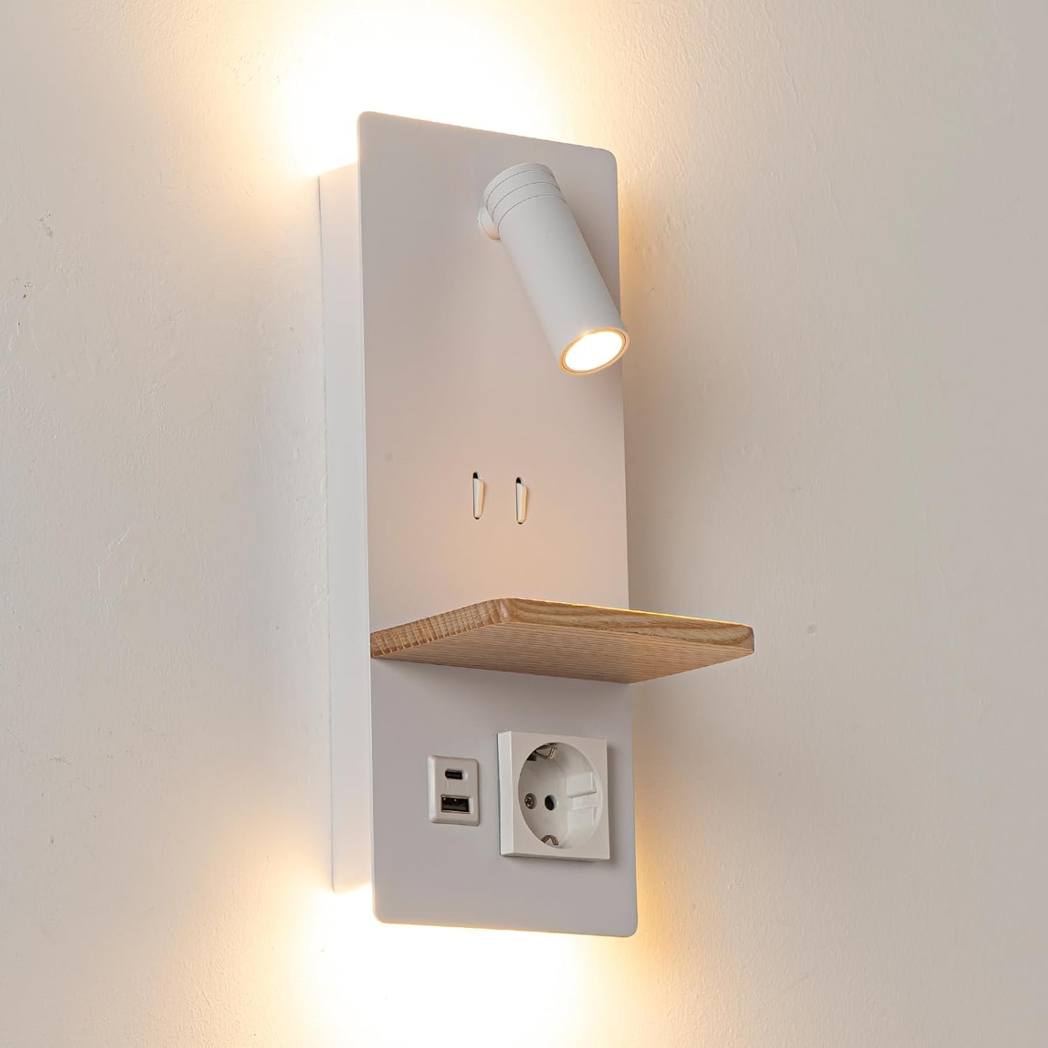Applique murale avec lumière de lecture LED orientable 3 W et lumière ambiante 6 W (2800 K), ports de charge USB-C & USB-A
