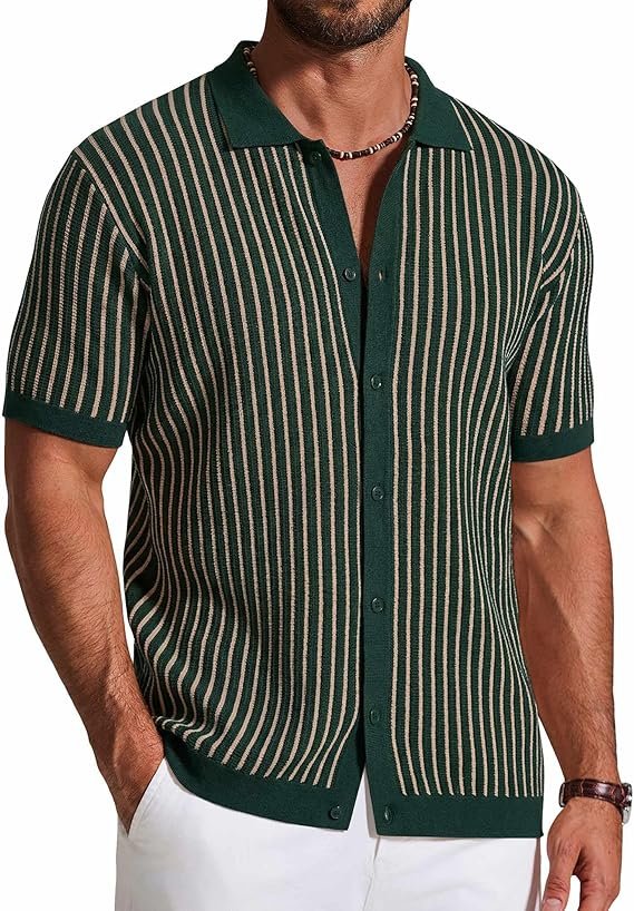 Polo Homme Tricoté à Manches Courtes – Chemise Vintage Rayée Boutonnée