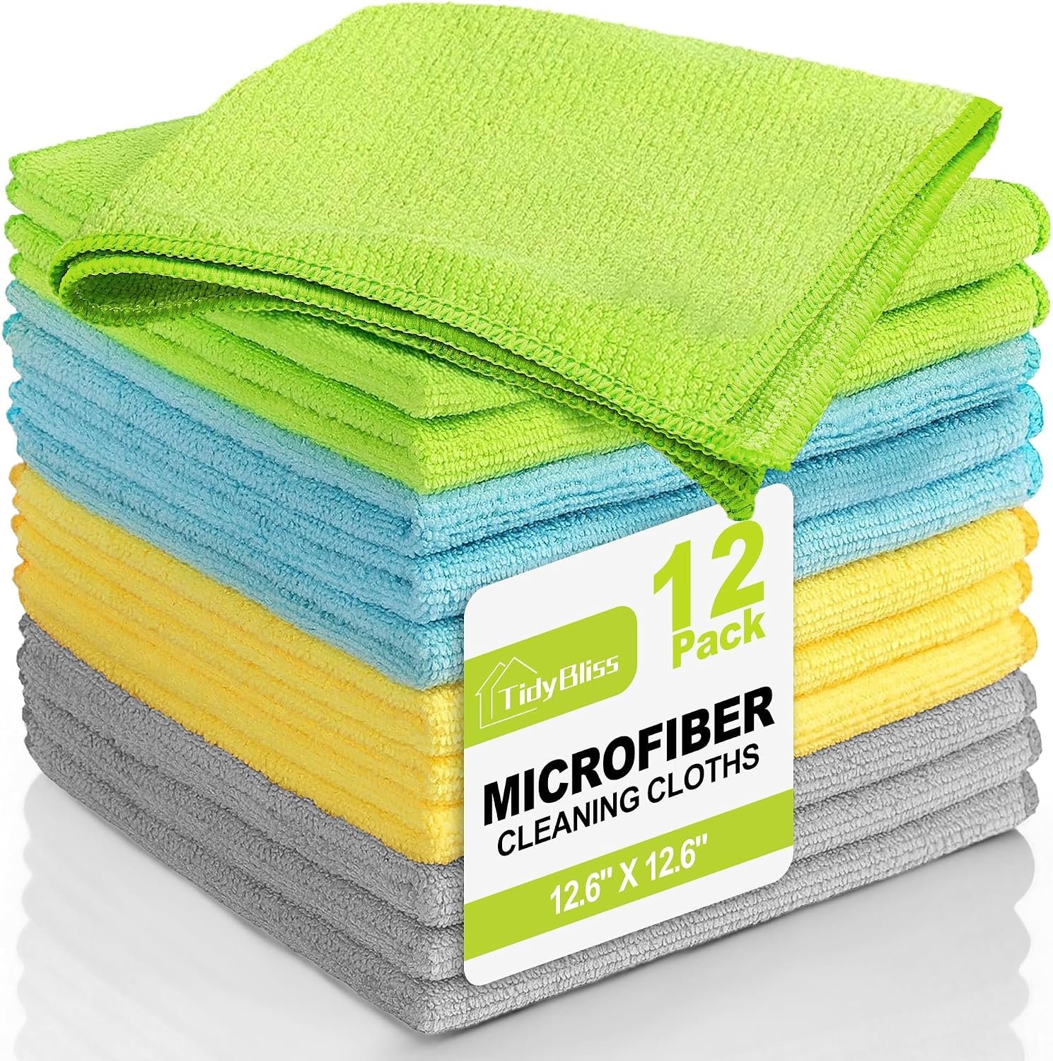 Lot de 12 Chiffon Microfibre, Réutilisables Torchons Lavette Lingette Micro Fibre Ménage 32 x 32 cm pour Maison, Cuisine, Voiture et Fenêtre, Non Pelucheux