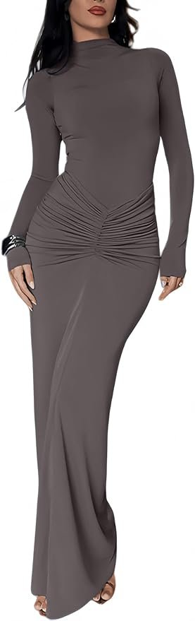 Robe Femme Élégante Maxi Robes Moulante Col Montant Manches Longues Sexy Slim Froncée Robe Longue Automne Hiver Tendance Robes Crayon de Soirée Cocktail Clubbing Mariage Casual Streetwear