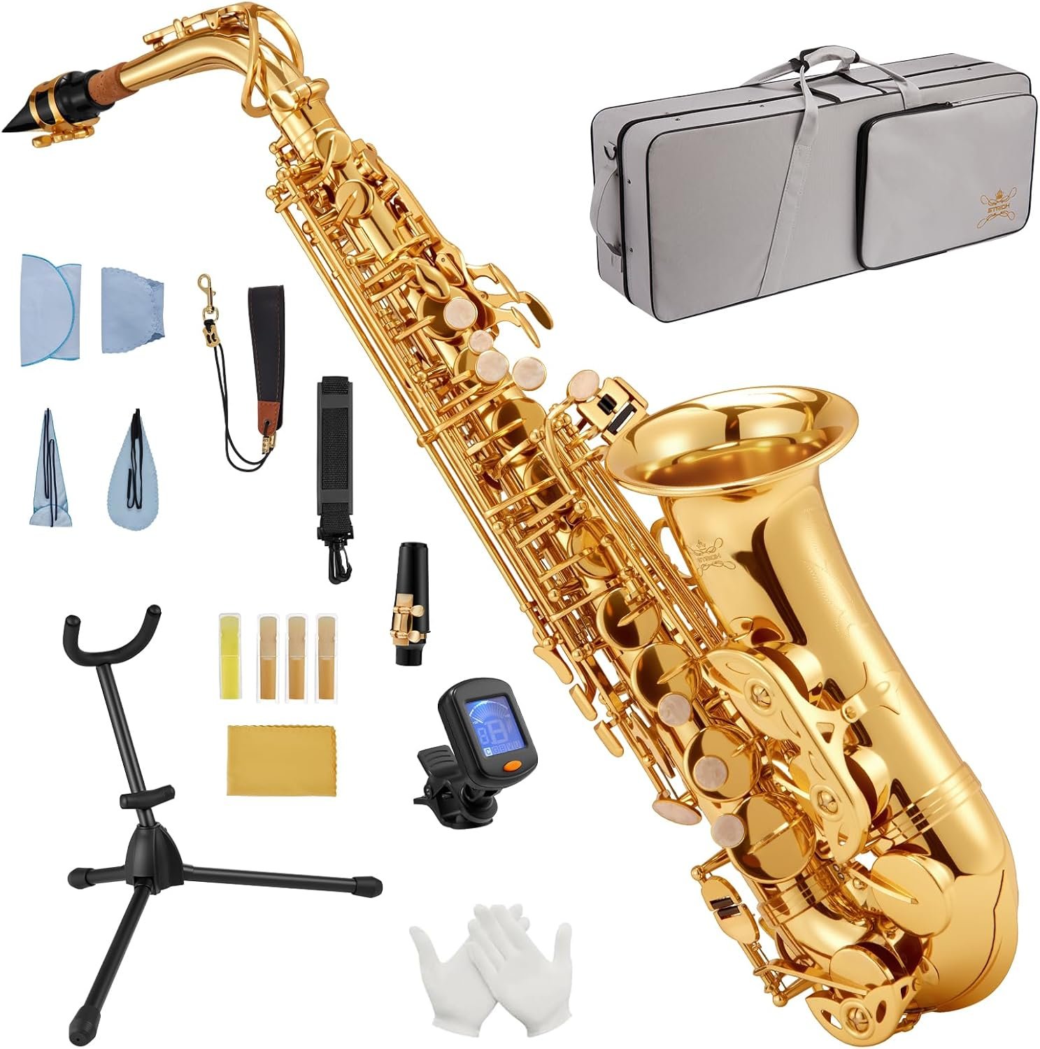 Kit de saxophone alto en cuivre pour débutants, comprenant une sangle de cou, un bec et des anches