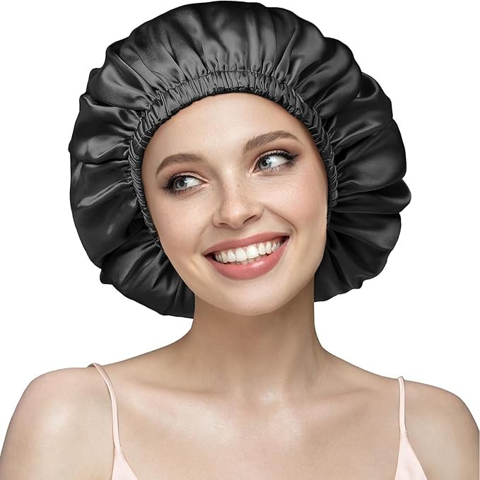 Bonnet de Nuit en Soie 22 Momme - 100% Soie de mûrier - Double Bonnet en Soie pour Cheveux bouclés - Respirant et Ajustable - Élastique de Fixation