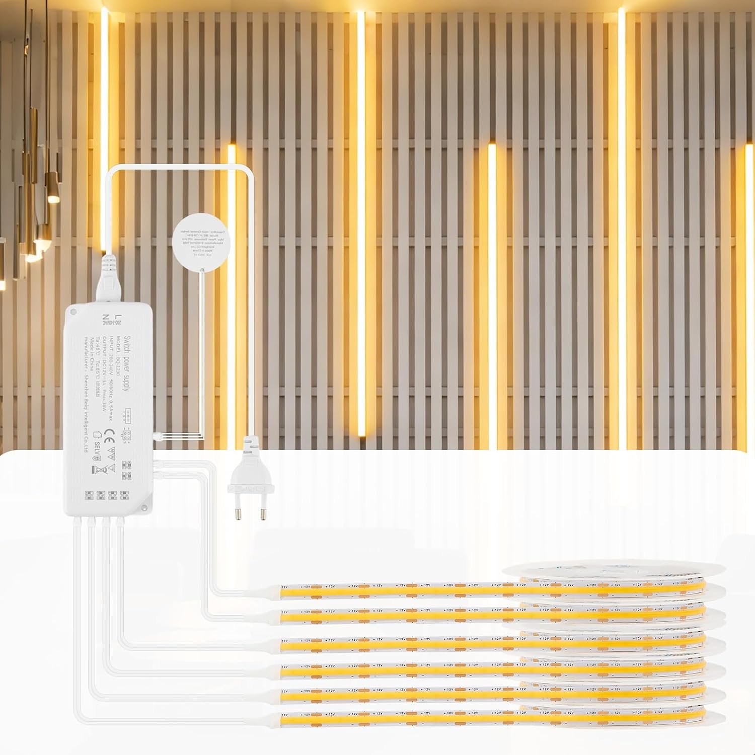 Ruban LED COB 6 x 1 m, Dimmable Contrôle Tactile pour Éclairage de Panneaux Acoustiques, Vitrines