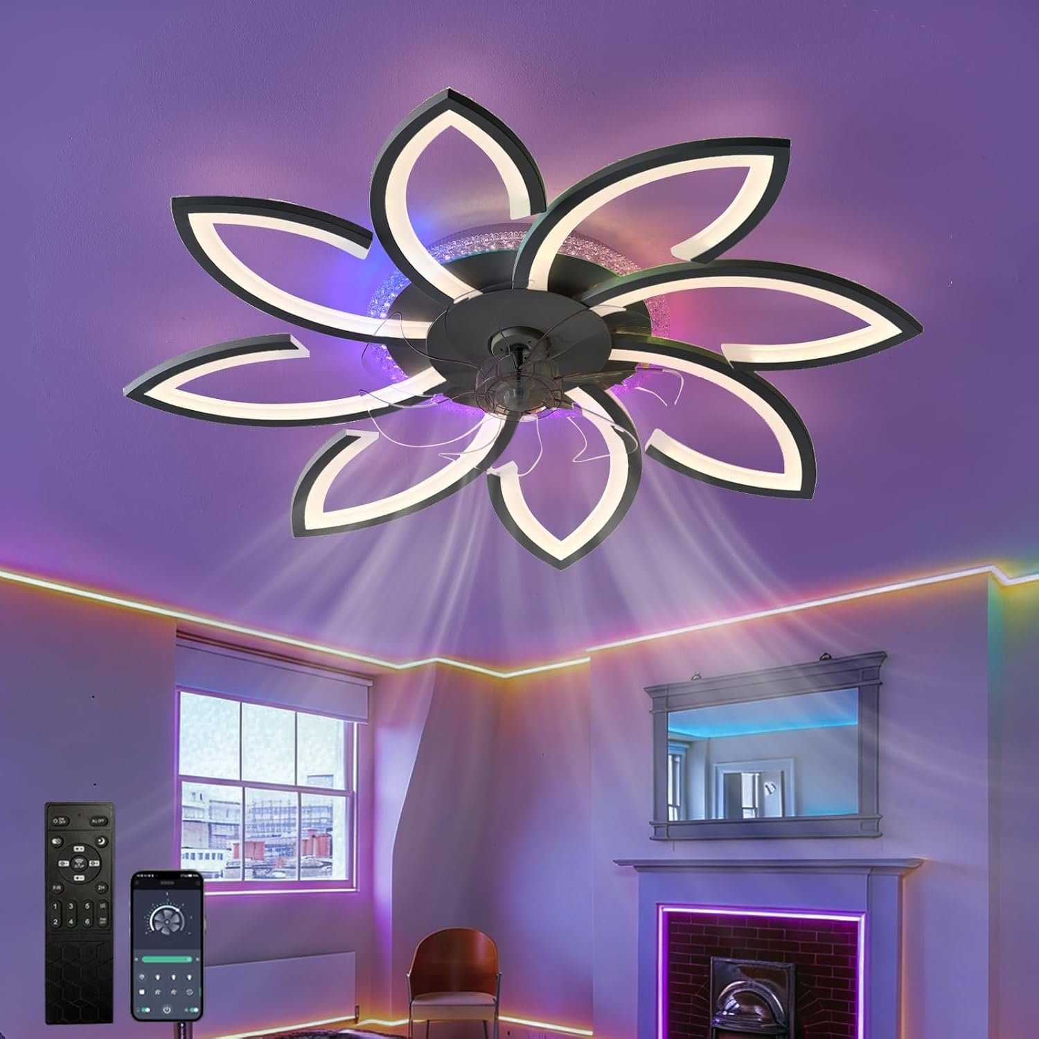 Ventilateur Plafond avec Lumiere RGB Dimmable avec TéLéCommande APP,Lampe Ventilateur RéVersible de Fleur Silencieux,6 Vitesses avec Minuterie,aux Salons