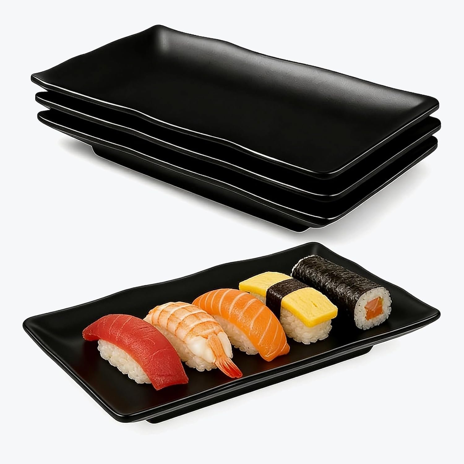 4 Pièces Assiettes Noires pour Entrées, Assiettes Noires Petites, Plats de Service Rectangulaires, Réutilisables, pour Sushis, Dessert, Salade, Fruits, Antipasti et Accompagnements