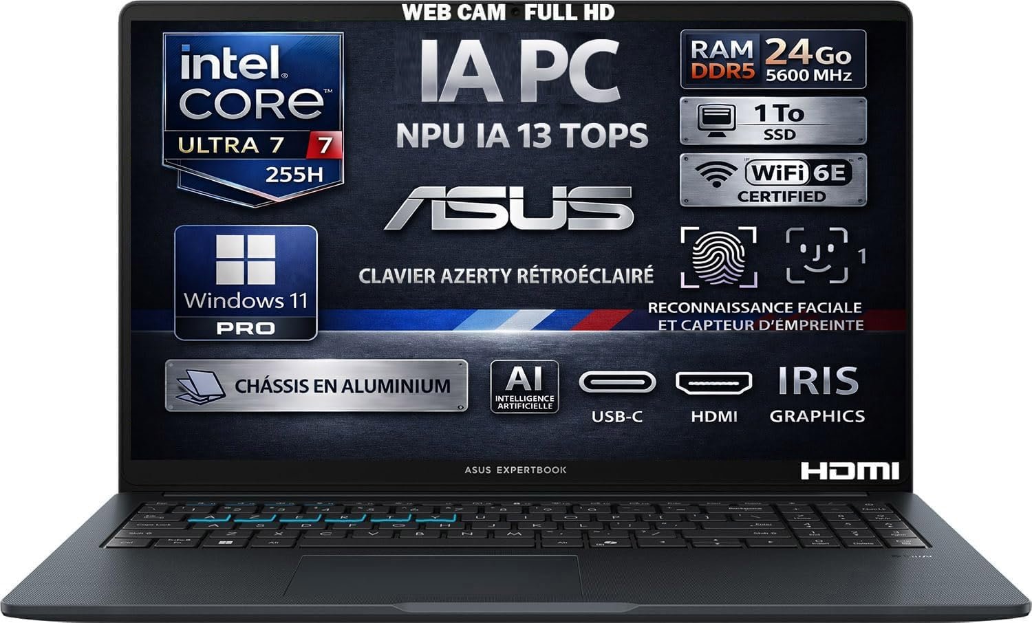 Ordinateur Portable IA, Intel Ultra 7 255H 16 Cœurs, RAM 24Go