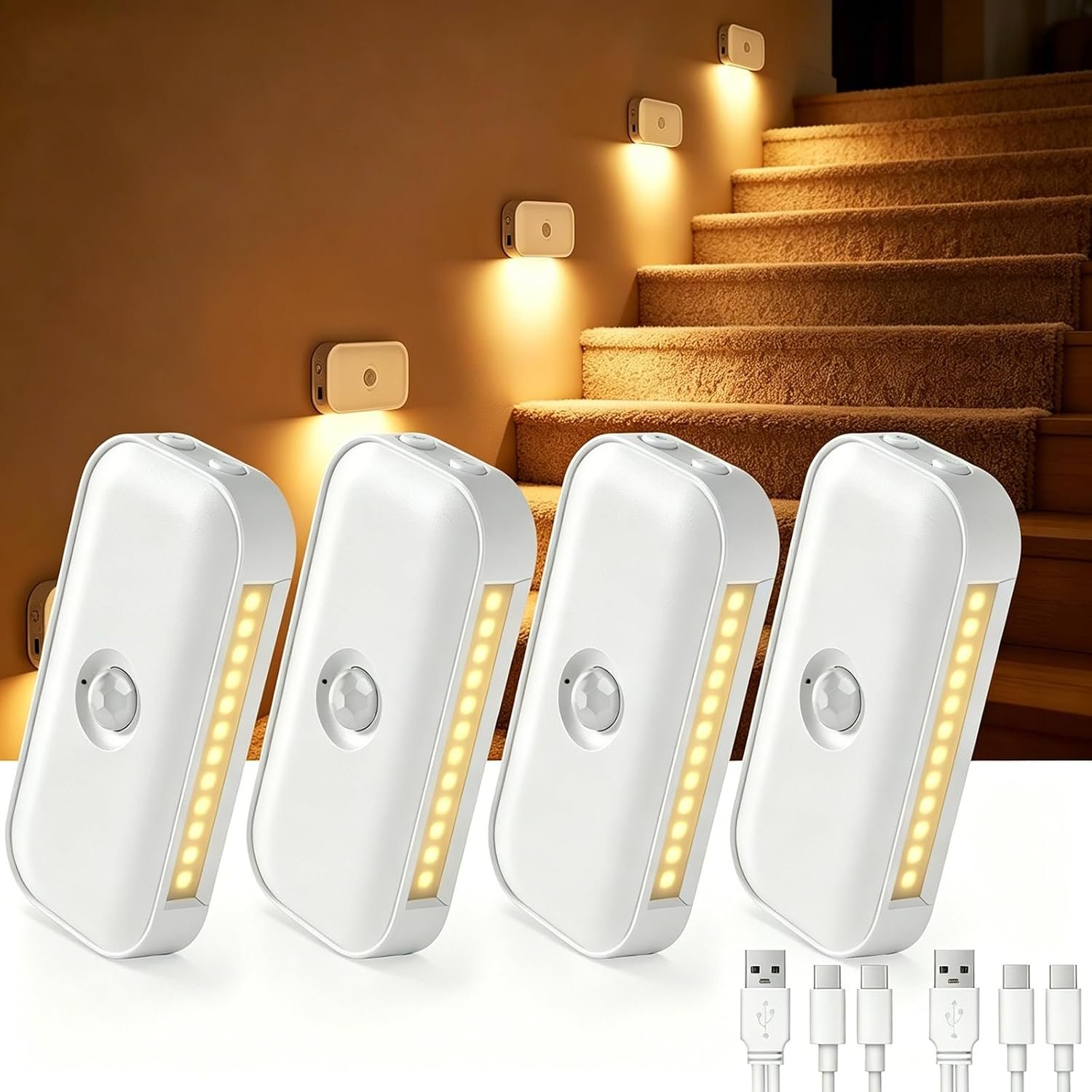Veilleuses avec Détecteur de Mouvement [Lot de 4], Rechargeable Lampe Nuit